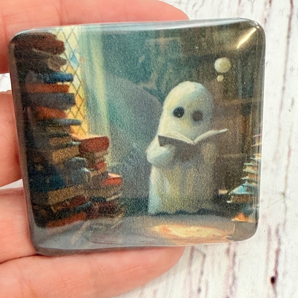 Handmade Ghost Reading Books Library Magnet 2x2 Square Whimsical Dark Academia